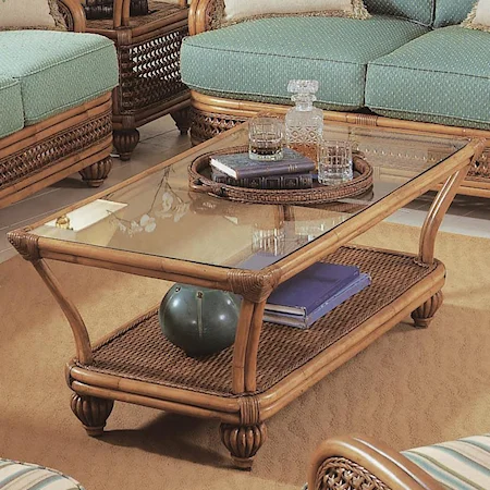 Tropical Wicker Coffee Table with Beveled Glass Top